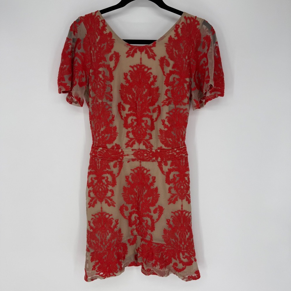 FOR LOVE & LEMONS SAN MARCOS RED LACE MINI DRESS NUDE LINING SMALL -- NOTE FLAWS